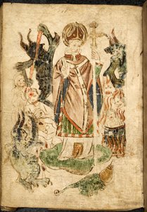 Szent Patrik püspöki köntösben, feszületet tartva és áldásos gesztussal áll a Lough Derg szigetén, Donegalban (Írország), démonoktól és meggyötört lelkektől körülvéve. A kép a "Szent Patrick purgatóriumából", angol kézirat, m alkotó: English School