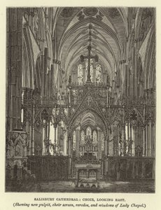Salisbury katedrális, kórus, kelet felé néz, új szószék, kórus paraván, reredók és a Lady Chapel ablakai alkotó: English School