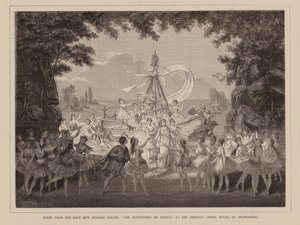 Jelenet az utolsó új orosz balettből, "Peleus kalandjai", a szentpétervári Császári Operaházban (metszet) alkotó: English School