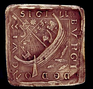 Dunwich város pecsétje Suffolkban. Egy hajót ábrázol a viharos tenger, valószínűleg a viharokra utalva, amelyek 1286-ban és 1347-ben elpusztították a város egy részét. 14. század. Párizs, Nemzeti Levéltár alkotó: English School