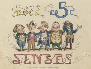 Látás, hallás, szaglás, kóstolás, tapintás (színes metszet) alkotó: English School