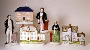 Válogatott Staffordshire-i figurák: Stanfield Hall; Hamuzsírfarm; Palmer háza; Emily Sandford; James Bloomfield Rush; William Palmer, 1849 körül (kerámia) alkotó: English School