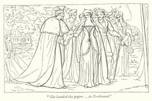 Shakespeare Szerelem munkája elveszett; A francia hercegnő átad Ferdinándnak egy dokumentumot az apjától (metszet) alkotó: English School