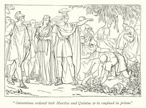 Shakespeare Titus Andronicusa; Martiust és Quintust letartóztatták Bassianus meggyilkolása miatt (metszet) alkotó: English School