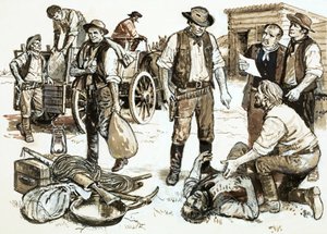 Henry Plummer seriff volt a felelős a nagykereskedelmi rablásért és erőszakért (papíron gouache) alkotó: English School