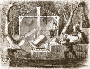 Cottin-bálák lövöldözése a Magnolia folyami gőzhajó elülső részébe, illusztráció a The Illustrated London Newsból, 1861 alkotó: English School