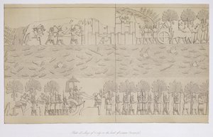 Egy város ostroma egy folyó partján, Ninive 42-es táblája és maradványai, Austen Henry Layard (1817-94) 1849-ben alkotó: English School