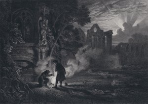 Sir Arthur és Dousterswivel Szent Ruth romjaiban (metszet) alkotó: English School