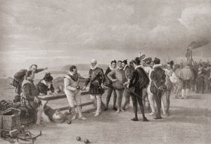 Sir Francis Drake tálat játszik, a spanyol Armadával az angliai Plymouth Hoe-ban 1588-ban. alkotó: English School