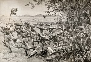 Sir Henry Morton Stanley és emberei 1887-ben, az afrikai Emin pasa segélyexpedíció során végre kijutnak az erdőből a füves területre. alkotó: English School