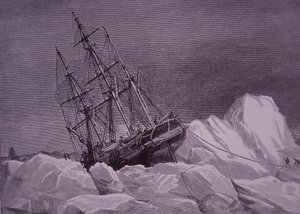 Sir John Franklin, 1845-ös expedíció a Northwest Passage megtalálására, a Terror hajó jégbe ragadt, 19. század vége (metszet) alkotó: English School