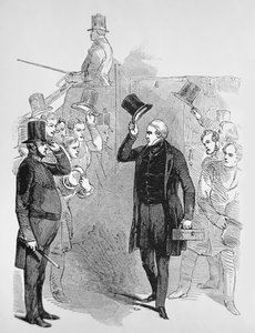 Sir Robert Peel megérkezik az alsóházba, egy „Hámozó” tisztelegve (metszet) alkotó: English School
