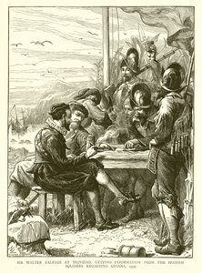 Sir Walter Raleigh Trinidadban, információkat kap a spanyol katonáktól Guyanával kapcsolatban, 1595 alkotó: English School