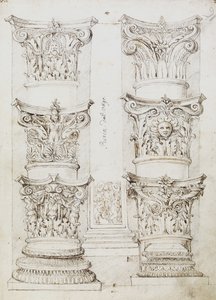 Six Capitals, egy Lesene és Two Column Bases, Folio 1, The Master of the Oxford Album, 1512–1517 körül (toll és sötétbarna tinta) alkotó: English School