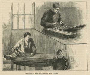 Vázlatok a Királyi Pénzverdében, Tower Hill; csengetni és megvizsgálni az érméket alkotó: English School
