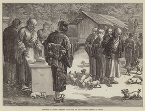 Vázlatok Japánban, kölyökkutya etetése Oyama buddhista templomában (metszet) alkotó: English School
