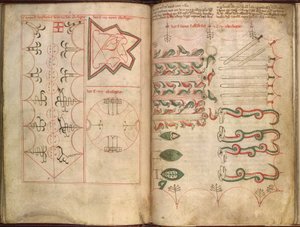 Sloane MS 1712 ff. 21v-22 „Salamon híres művészete, a gép és az euklidész” a „Membranaceus” tintából és színből pergamen) alkotó: English School
