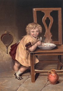 Mosolygó gyermek étkezik egy székről (színes litográfia) alkotó: English School