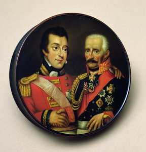 Tupakásdoboz Arthur Wellesley (1769-1852) Wellington hercege és Gebbard Leberecht (1742-1819) Field Marshall, von Blucher herceg portréival (festett fa)