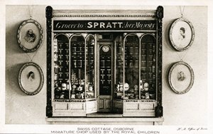 Spratt, élelmiszerbolt őfelségének, miniatűr bolt a királyi gyermekek számára, Swiss Cottage, Osborne House, Wight-sziget (fénykép után litho)