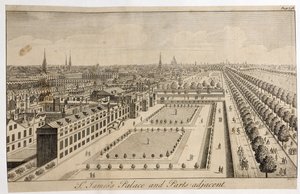 A Szent Jakab-palota és a szomszédos részek, William Henry Toms (1700-50 körül) metszete alkotó: English School