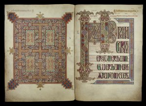 Szent János evangéliuma; szőnyeglap és incipit lap, Cotton Nero D. IV, f.210v és f.211r a Lindisfarne-i evangéliumokból, 710-721 (pergamen). alkotó: English School