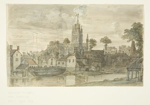St Mary Redcliffe templom a Redcliffe Back-ből (a hátoldalon oroszlánt ábrázoló tollal és tussal) (ceruza és akvarell papíron) alkotó: English School