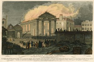 St Pauls, Covent Garden, London, ahogy az 1795. szeptember 17-én este lángokban állt alkotó: English School