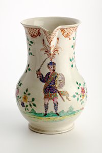 Staffordshire kancsó felföldi jelmezben figurával díszítve, 1755 (sómázas cserépedény) alkotó: English School