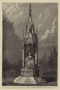 Őfelsége szobra a Bombay-i Victoria Gardensben, a Guicowar of Baroda bemutatása (metszet) alkotó: English School