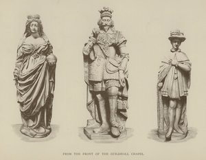 I. Erzsébet királynő, I. Károly király és VI. Edward király szobrai a londoni város Guildhall-kápolnája elől alkotó: English School