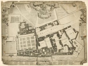 A Whitehall királyi palota felmérése és földterülete, 1680, az őfelségeihez tartozó szállásokkal és apartmanokkal alkotó: English School