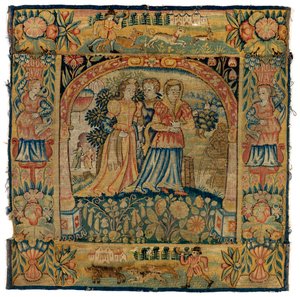 Gobelin párnahuzat, amely Susannah-t ábrázolja a fürdőbe menet, az angliai Sheldonban készült, 1600 után (gyapjú) alkotó: English School