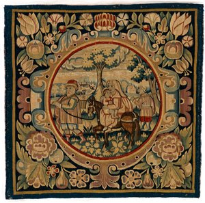 Tapestry cushion cover depicting the Flight into Egypt, made possibly in Sheldon, England, early 17th century (wool) alkotó: English School