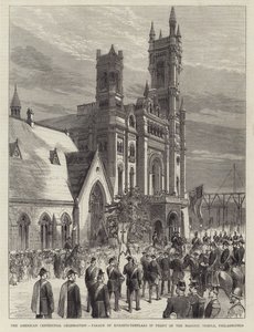 Az amerikai centenáriumi ünnepség, Templomos Lovagok Felvonulása a szabadkőműves templom előtt, Philadelphia (metszet) alkotó: English School