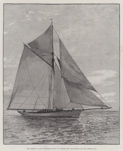 Az American Yacht Volunteer, amely a Thistle-vel versenyezve az Amerika Kupáért (metszet) alkotó: English School