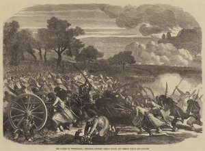 A weissenburgi csata, harc a német csapatok és a francia turcos és zouaves között (metszet) alkotó: English School