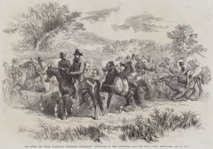 Burke és Wills ausztrál felfedező expedíció, az expedíció indulása a Royal Parkból, Melbourne, 1860. augusztus 20. (metszet) alkotó: English School