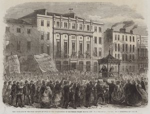 Sir John Arnott elnöksége Corkban hároméves polgármesteri hivatalának befejezésekor, a kereskedelmi épületek mellett elhaladó menet (metszet) alkotó: English School