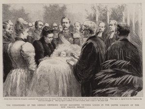 A német császár csecsemő lányának, Victoria Louise-nak a keresztelője az Új Palota Jasper Galériájában, Berlinben (metszet) alkotó: English School
