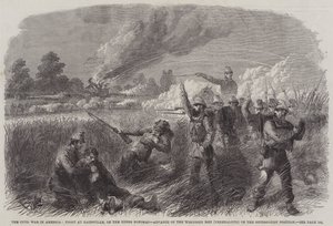 Polgárháború Amerikában, Harc Hainsville-ben, Potomac felső részén, A Wisconsin Men (Federalisták) előretörése a szecessziós állásponton (metszet) alkotó: English School