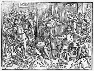 Krisztus leghűségesebb mártírjainak, Robert Barns doktornak, Thomas Garretnek és William Hierome-nak a halála és elégetése Smithfieldben 1541-ben, John Foxe (1516-87) "Acts and Monuments" című művéből. alkotó: English School
