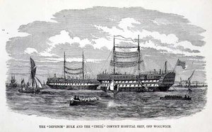 A „Defence” Hulk és a „Unite” Convict Hospital Ship, Woolwich mellett, Henry Mayhew (1812-87) és John Binny „A londoni bűnügyi börtönök és a börtönélet színterei” című művéből alkotó: English School