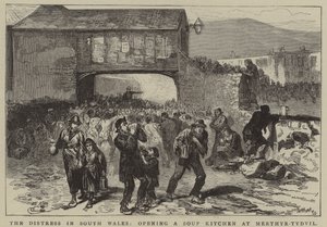 A dél-walesi nyomorúság, egy ingyenkonyha megnyitása Merthyr-Tydvilben (metszet) alkotó: English School