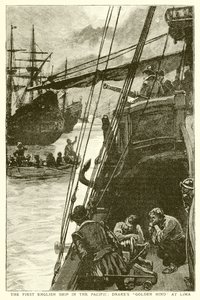 Az első angol hajó a Csendes-óceánon: Drakes Golden Hind Limában alkotó: English School