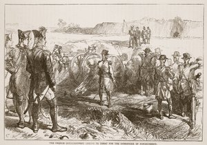 A francia biztosok Pondicherry átadásáért érkeznek, illusztrációja James Grant Cassells Illustrated History of India című könyvéből, pub. 1879 alkotó: English School