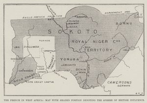 A franciák Nyugat-Afrikában, térkép árnyékolt résszel, amely a brit befolyási övezetet jelöli (litho) alkotó: English School