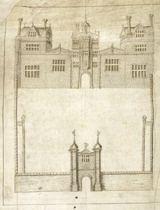 A Wilton-ház eleje, részlet az 1. Pembroke grófi földfelmérésből, 1566 (toll és tinta pergamen) alkotó: English School