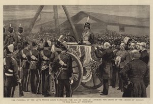 Louis Napóleon néhai herceg, Bassano herceg temetése, a Becsületrend Keresztjének a Pallhoz való rögzítése Woolwichban (metszet) alkotó: English School