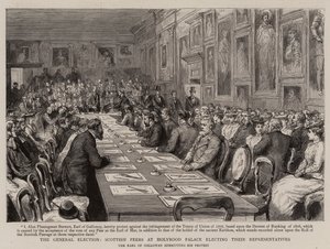 Általános választás, skót társaik a Holyrood Palace-ban képviselőiket választják (metszet) alkotó: English School